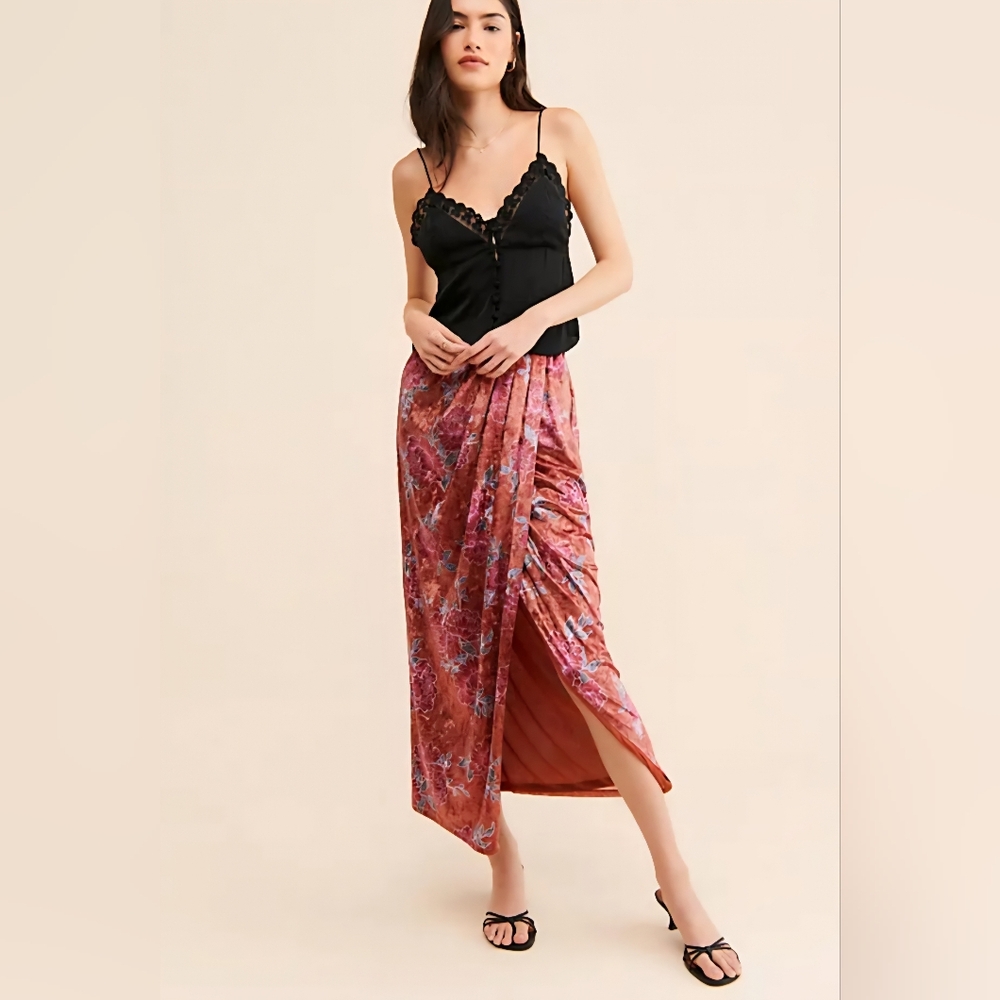 FP Poets Velvet Sarong Faux Wrap Flowy Floral Midi Skirt Coquette Fairy Feminine